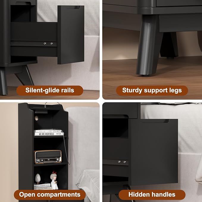Tall Nightstand with Charging Station, Narrow Side Table with Bookshelf - Image 6