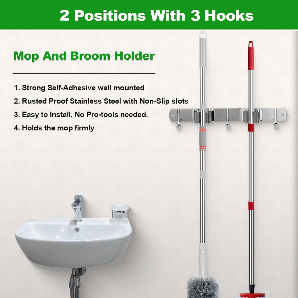 voze 2 Racks and 3 Hooks Mop and Broom Holder Wall Mount, Self