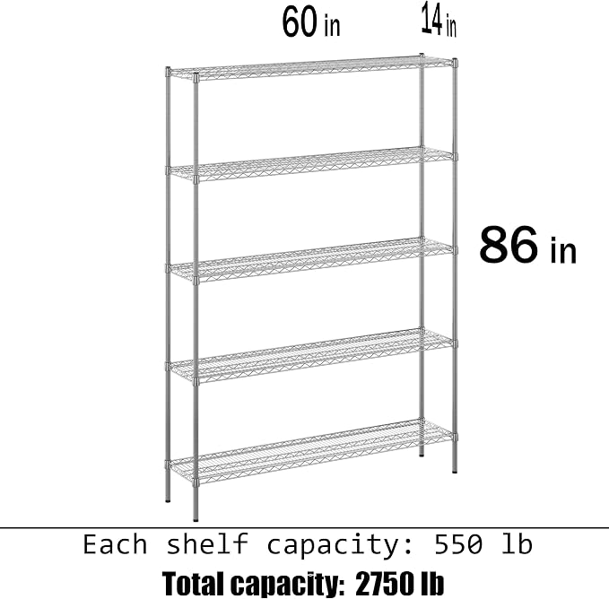 14" Deep x 60" Wide x 86" Height Wire Shelving Kit | 5-Tier | NSF Commercial - Image 3