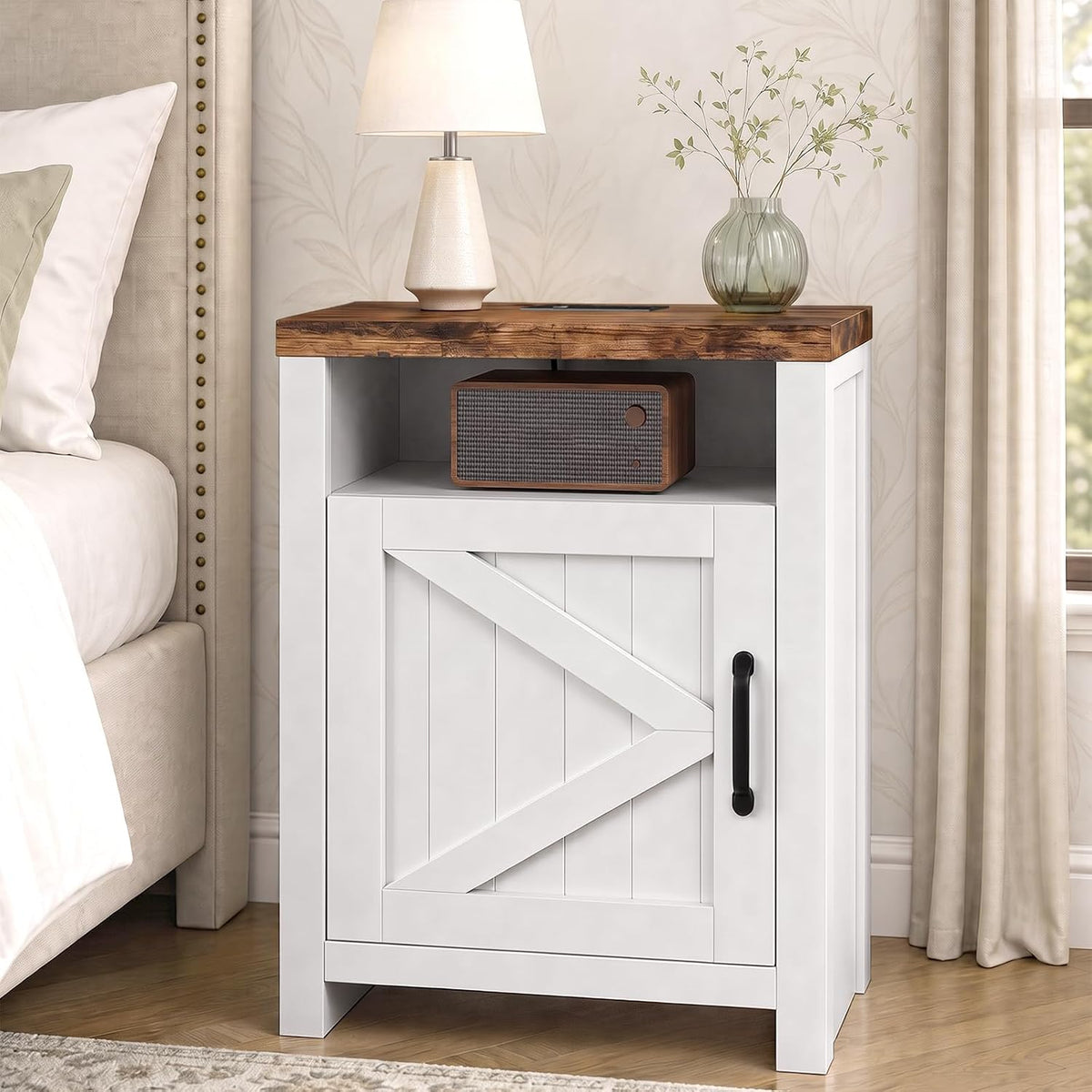 Farmhouse Nightstand with Charging Station, Couch Side Table Set of 2