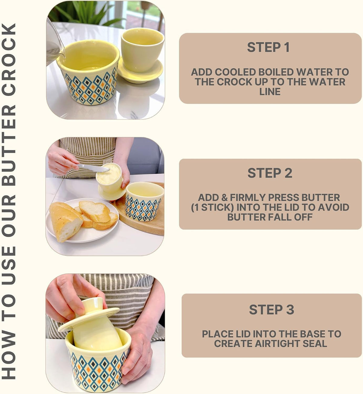 Butter Crock with Lid for Countertop, Butter Keeper Crock with Water