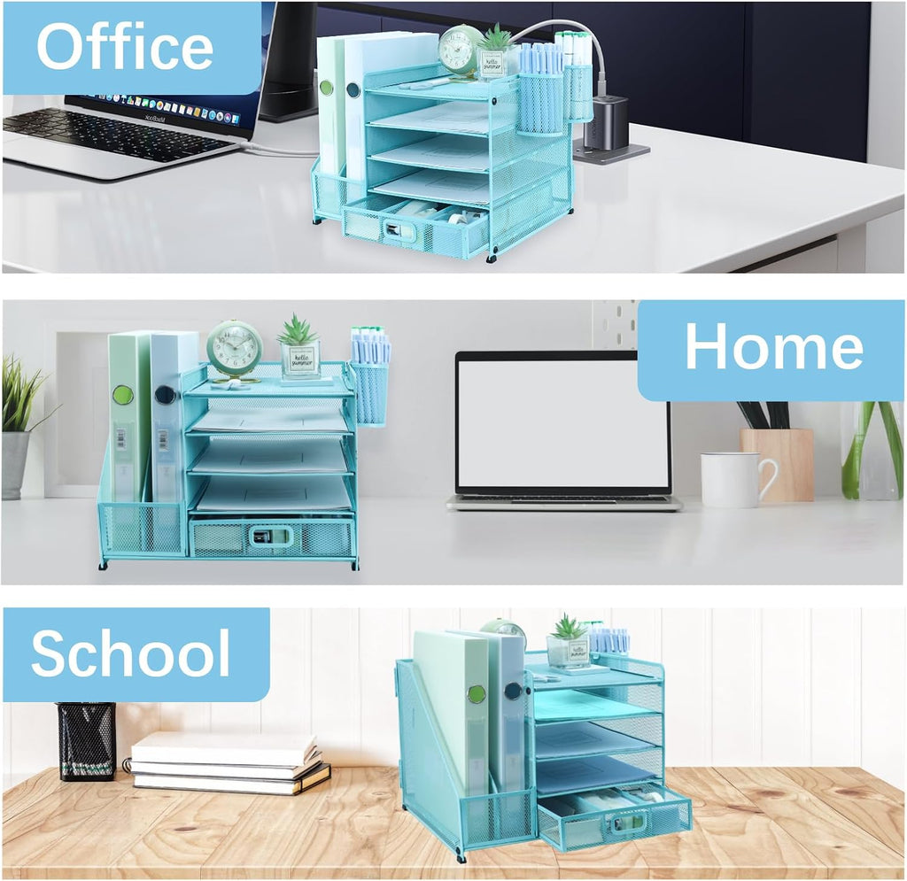 Desk Organiser with 2 Pack Magazine File Holder, 5-Tier Paper Tray