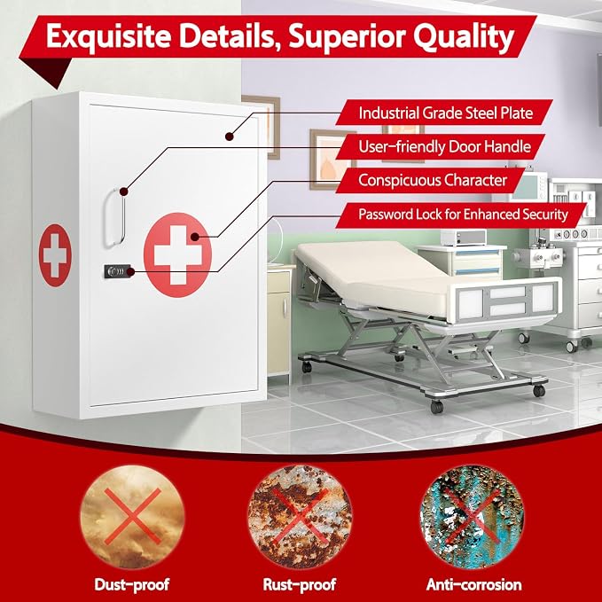 Wall-Mount Locking Medicine Cabinet: Large Metal Storage Organizer Box - Image 5