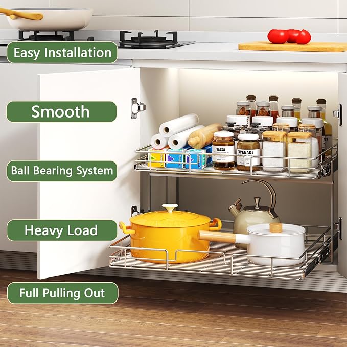 2 Tier Individual Pull Out Cabinet Organizer 25½" W x 21½" D, Heavy Duty - Image 2