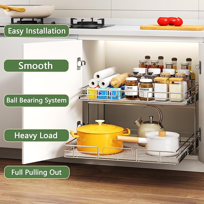 2 Tier Individual Pull Out Cabinet Organizer 28½" W x 21½" D, Heavy Duty - Image 2