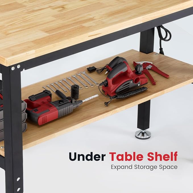 48 Inch Work Table for Garage Adjustable Height Rubber Wood Tabletop Workbench - Image 2
