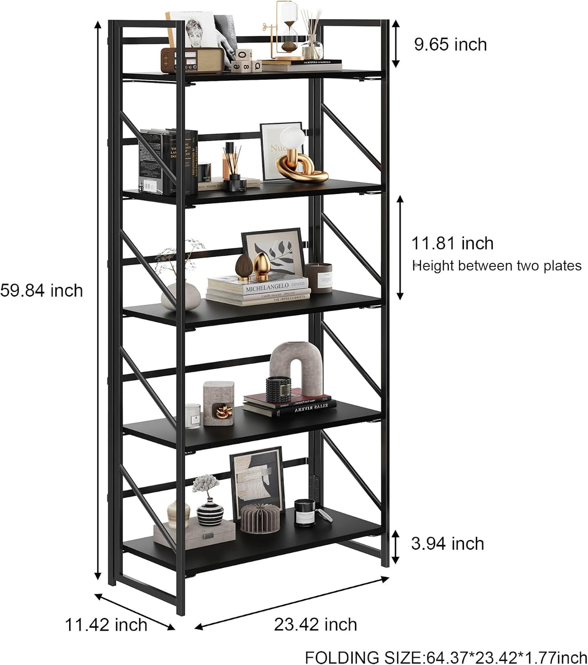 JSB No Assembly Folding Bookshelf, 5 Tier Industrial Metal Book Shelf