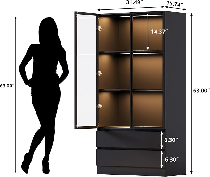 Wooden Display Cabinet with Glass Doors & 2 Drawers, LED Lights Glass Display - Image 2