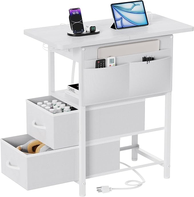 Small Side Table with Charging Station, Narrow Nightstand Bedside Tables with by CREATEDFORSMARTHOMES