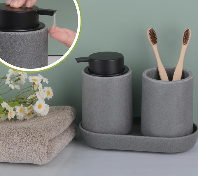 Grey Bathroom Accessories Set, Sandstone Look Soap Dispenser - Image 7