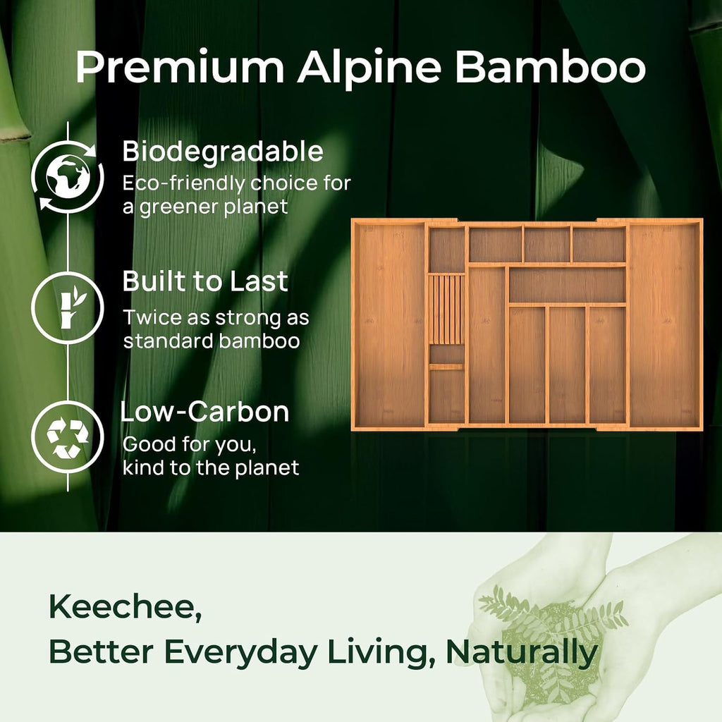keechee Carbonized Large Bamboo Kitchen Drawer Organizer, 12 Slots