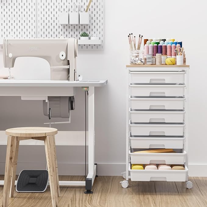 Storage Cart with 8 Drawers, Utility Cart with White Drawers and Wooden Tabletop - Image 9