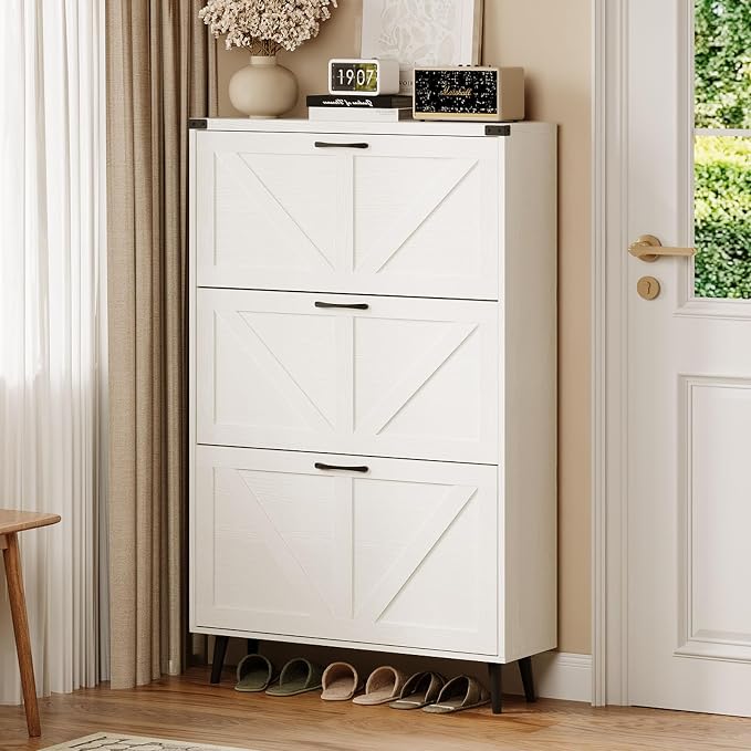 Shoe Cabinet with 3 Flip Drawers, Farmhouse Shoe Organizer Cabinet with Legs - Image 8