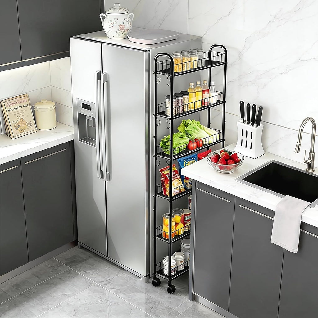 Slim Storage Cart with Wheels, Metal 6-Tier 6in Black Narrow Rolling