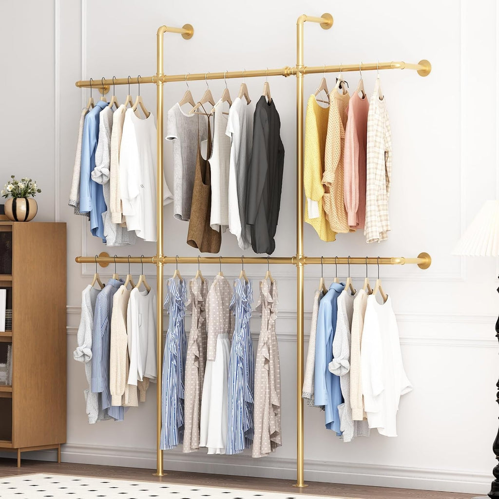 Gold Pipe Clothing Rack Wall Mounted, Industrial Pipe Clothes Racks