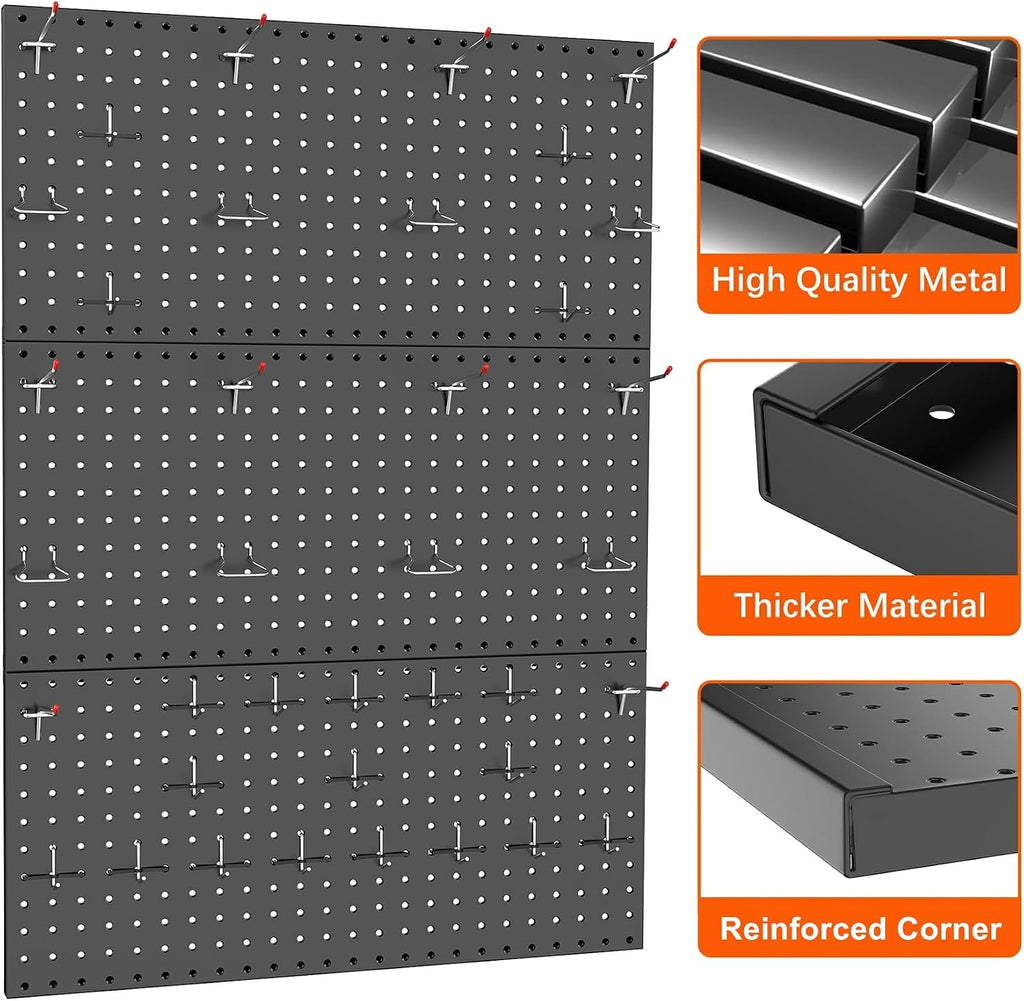 TORACK 3 PCS Metal Pegboard Panels(12x24 in) for Wall, 36x24 in Peg