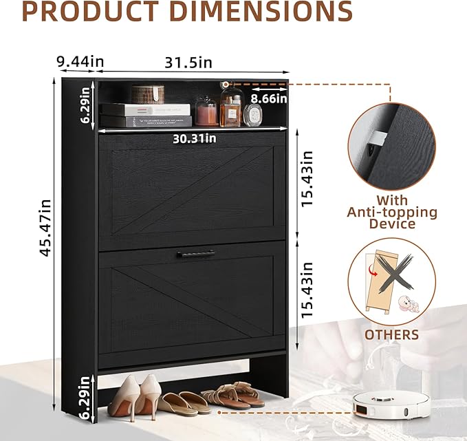 Shoe Storage Cabinet with 2 Flip Drawers, Farmhouse Narrow Shoe Organizer with - Image 2