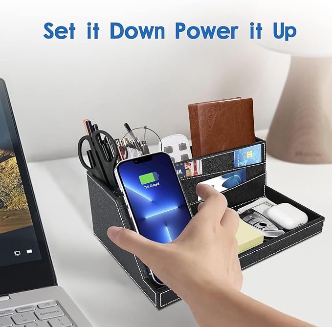 TopMade Wireless Charger Desk Nightstand Organizer, Leather Pen Holder Office - Image 4