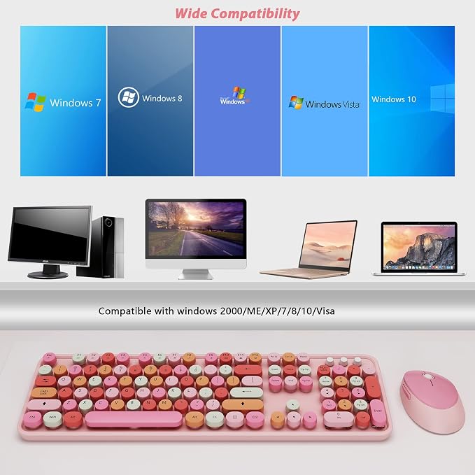 KOOTOP Cute Pink Wireless Keyboard and Mouse, 2.4G Retro Round Keycap - Image 6