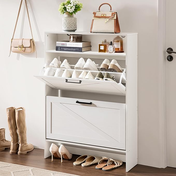 Shoe Storage Cabinet with 2 Flip Drawers, Farmhouse Narrow Shoe Organizer with - Image 9
