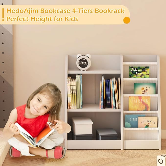 Gray Nursery Bookshelf for Kids 3 Tier Wood Shelf 4 Sling Baby Toddler Bookcase - Image 5