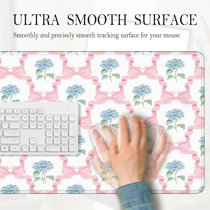 Blue Hydrangea Large Mouse Pad 31.5x15.7inch, Trendy Coquette Pink Bow Flower - Image 4
