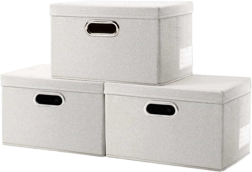 Storage Bins with Lids [3-Pack] Linen Fabric Foldable Storage Boxes