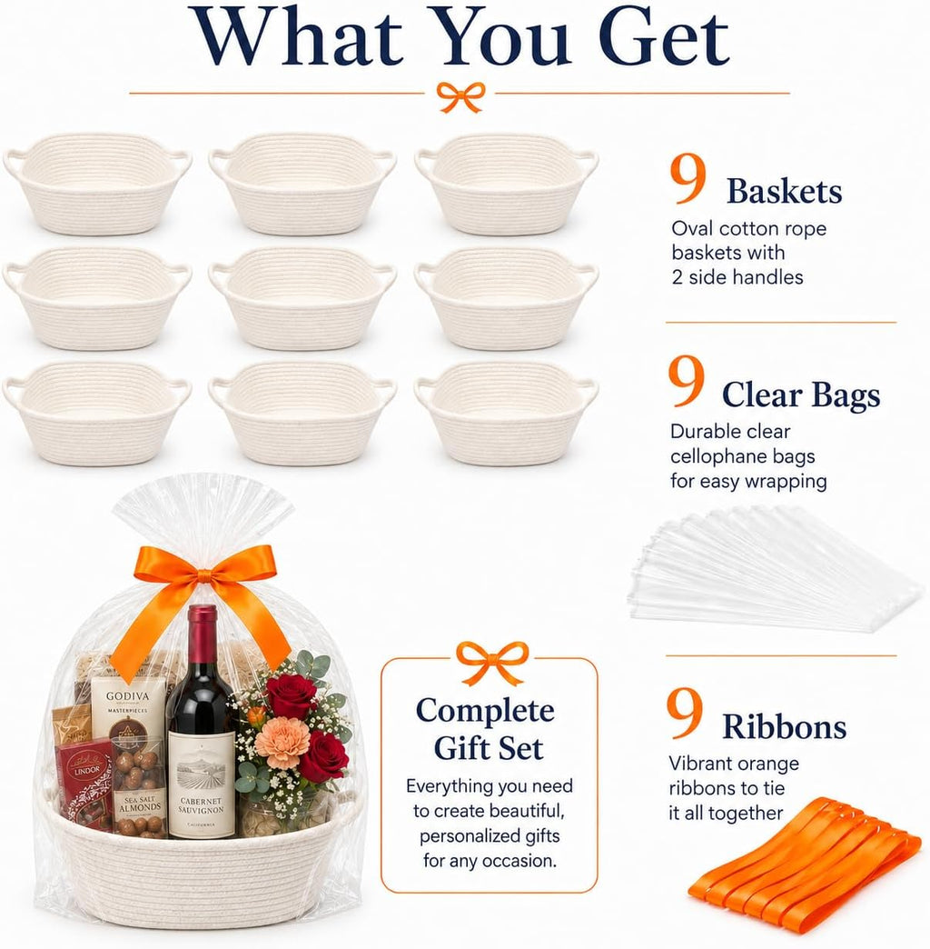 9Pcs Baskets for Gifts Empty with Gift Bags and Ribbons, Small Cute