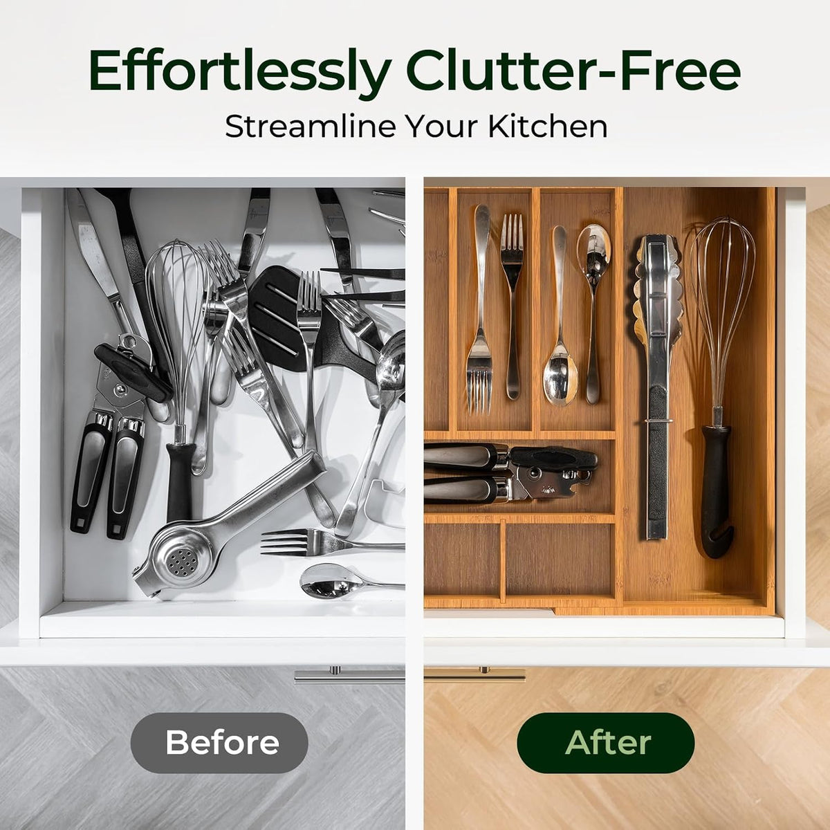 keechee Carbonized Large Bamboo Kitchen Drawer Organizer, 12 Slots