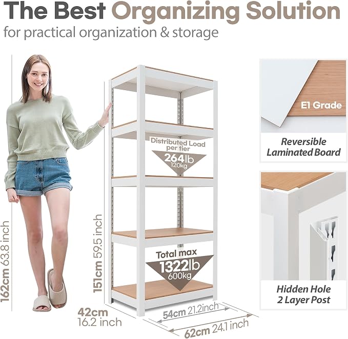 HOMEDANT House 5 Tier 24.1" W Laminated Metal Shelving Unit Adjustable Storage - Image 2