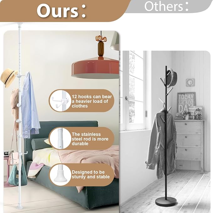 Coat Rack Freestanding, 56 to 125 inch Adjustable Tension Rod Coat Tree - Image 5