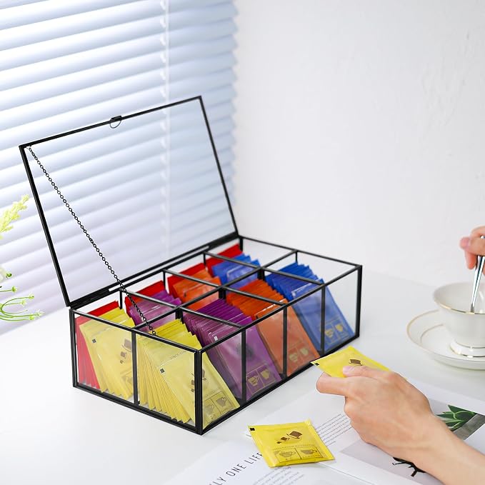 Glass Tea Bag Organizer with 8 Compartments, Handmade Large Tea Bag Storage Box - Image 7