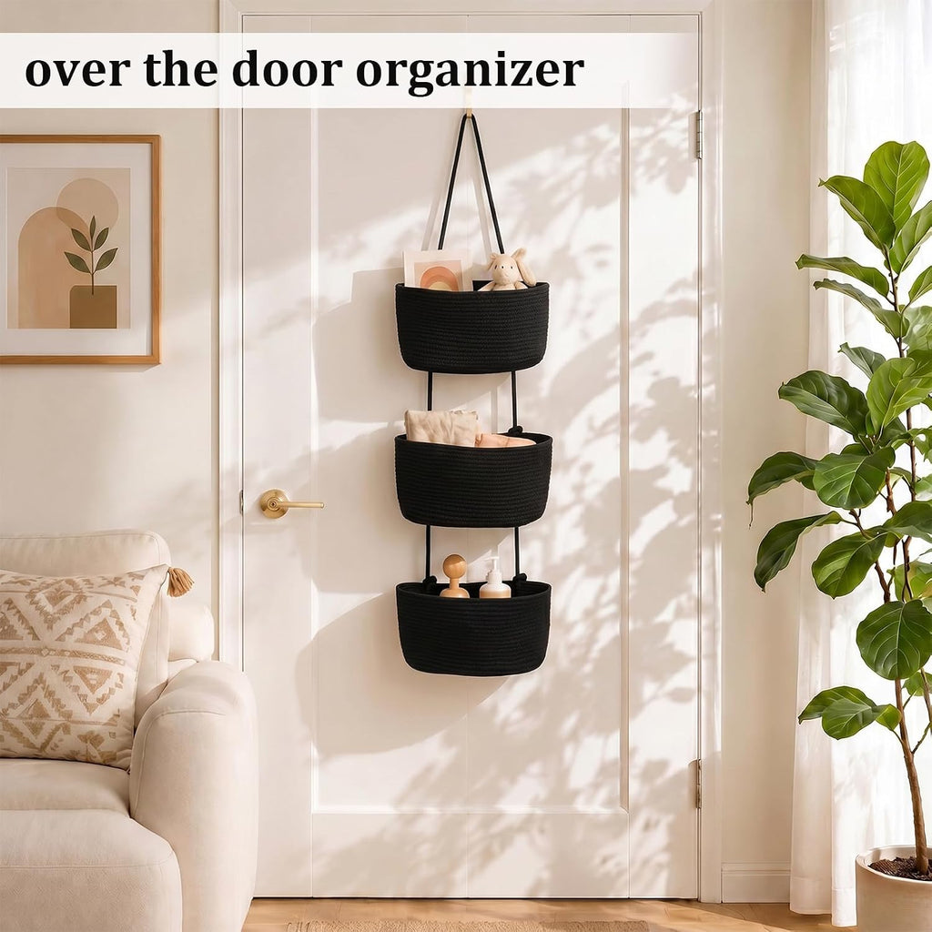 Over the Door Hanging Storage Basket, 3 Tier Wall Organizer Black