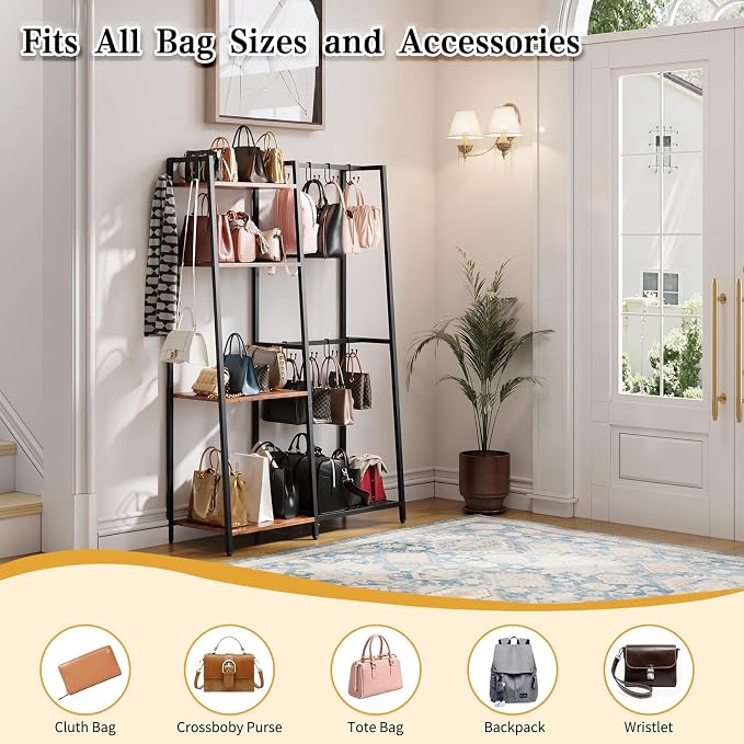 Purse Storage Organizer for Closet, 4-Tier Iron Wood Purse Rack, 8 Purse Hooks - Image 4