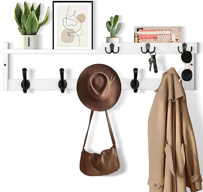 29'' Coat Rack Wall Mount with Shelf, Coat Hanger Wall Mount with Key Hooks and by dreampossible