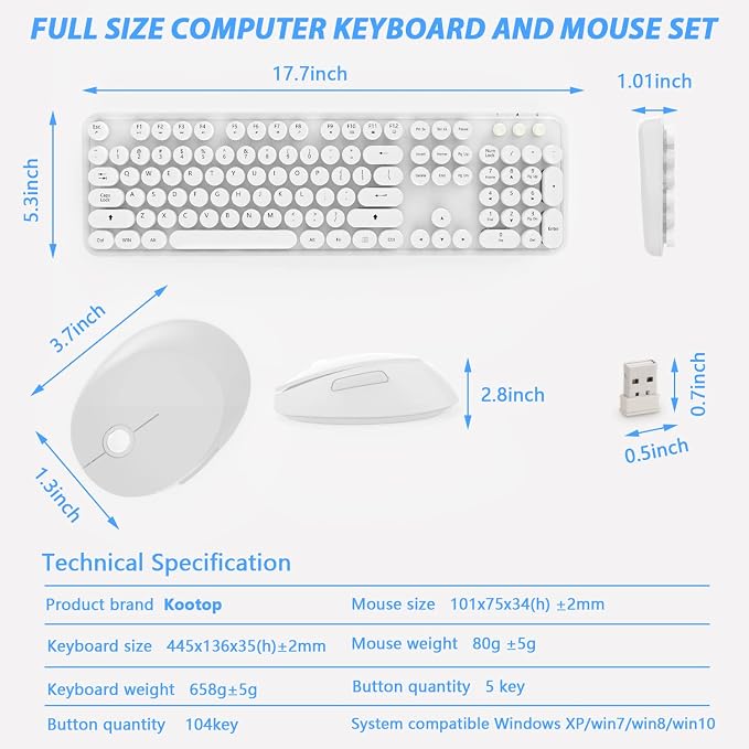 Wireless Keyboard Mouse Combo, 104 Keys Cute White Keyboard - Image 9