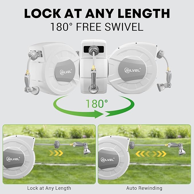 SILVEL Retractable Garden Hose Reel, 1/2 in x 75ft Wall Mount Heavy Duty - Image 6