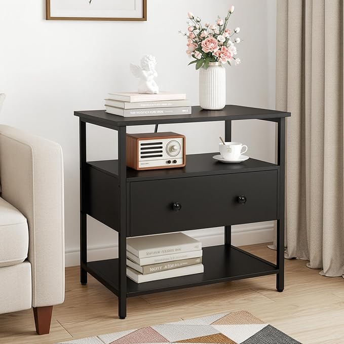 27 Inch Wide Night Stand with Charging Station, Wood Nightstand with Open Shelf - Image 2