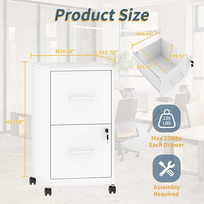 2 Drawer File Cabinet on Wheels, Mobile Filing Cabinets - Image 3