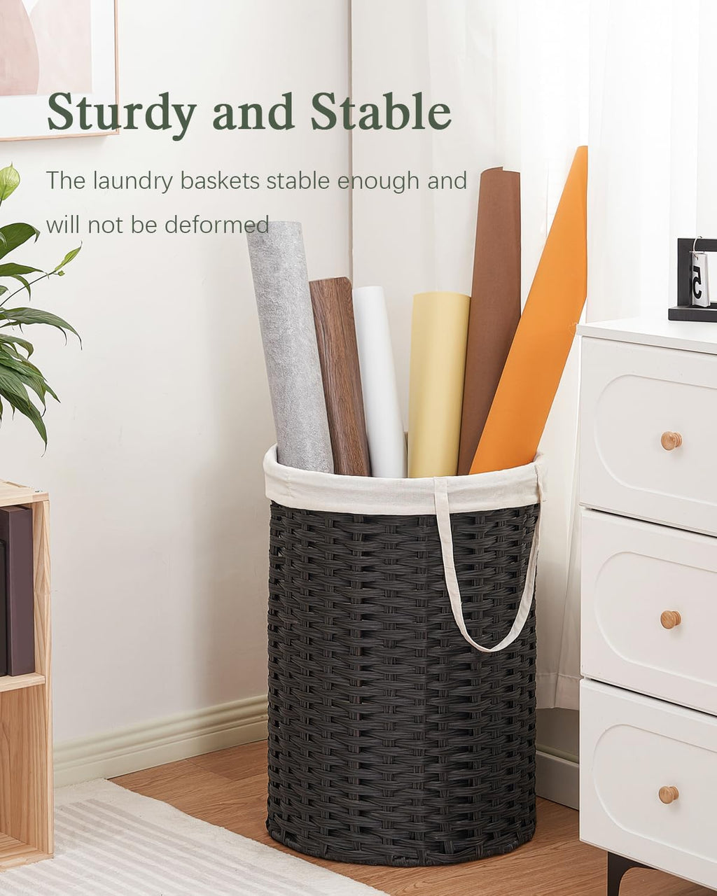 Laundry Basket Round PE Rattan Laundry Hamper, Black (No Lid)