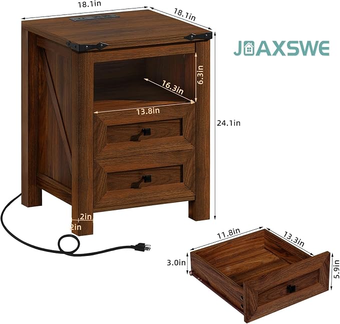 Nightstands Set of 2 with Charging Station, Farmhouse Side End Table with 2 - Image 3