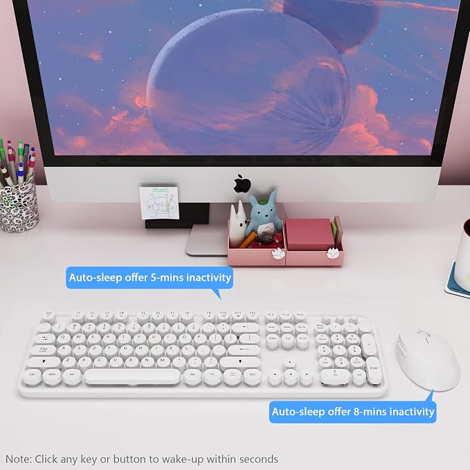 Wireless Keyboard Mouse Combo, 104 Keys Cute White Keyboard - Image 2