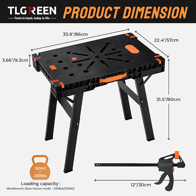 TLGREEN Folding Work Table, Express Portable Workbench, 2 Clamp, Power Strip - Image 2