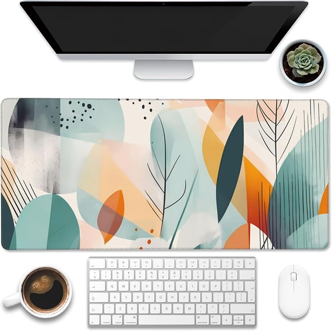 Desk Pad, Abstract Colorful Leaves Desk Mat, Abstract Line Art Large Gaming by Eflxamz