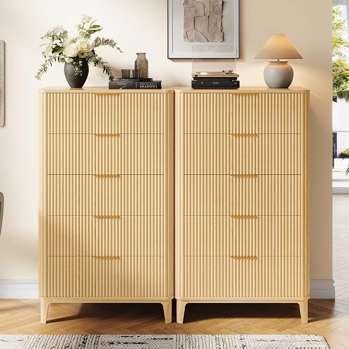 Fluted 5 Drawers Dresser for Bedroom, Farmhouse Wooden Vertical Dresser - Image 5