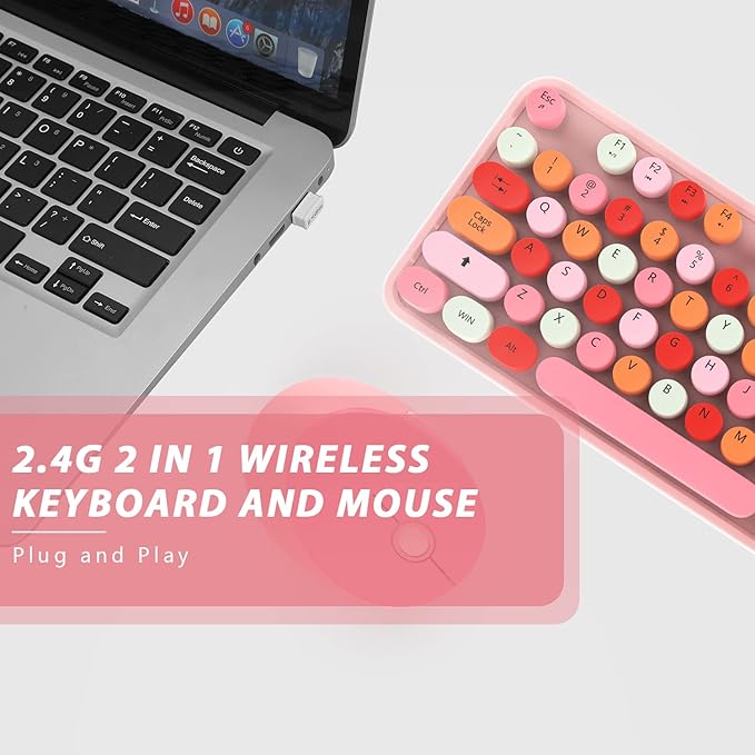 KOOTOP Cute Pink Wireless Keyboard and Mouse, 2.4G Retro Round Keycap - Image 3