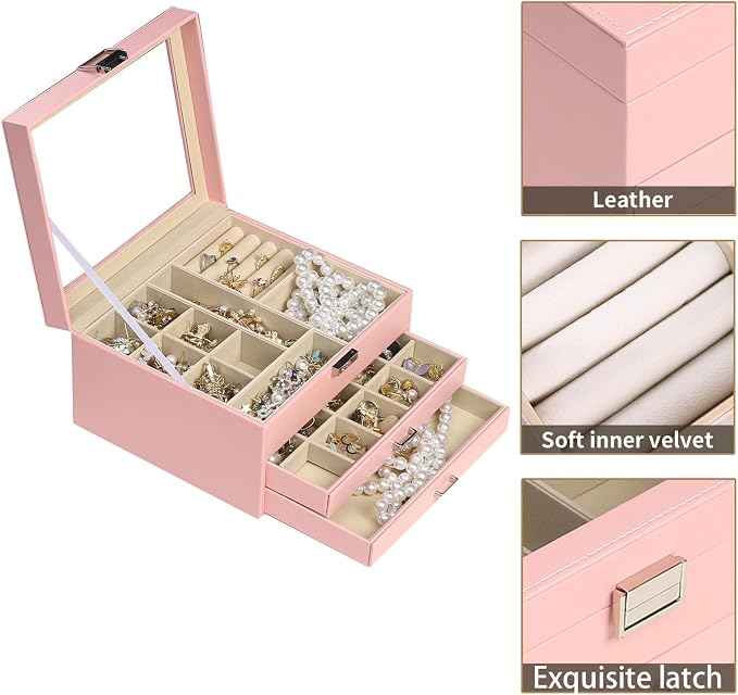 BOOVO Clear Lid Jewelry Box, 3 Layers Jewelry Organizer Large Multi-Functional - Image 2