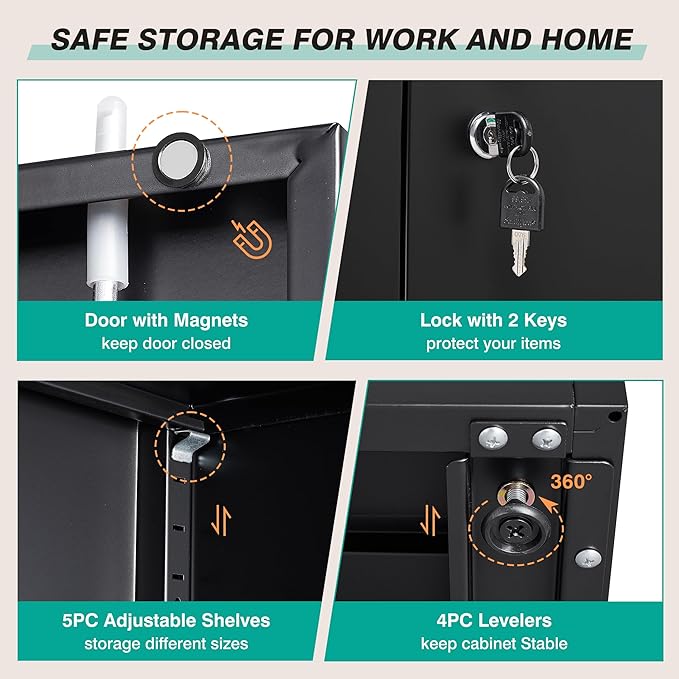 Metal Storage Cabinet with 2 Doors and 6 Shelves, Locking File Cabinet - Image 7