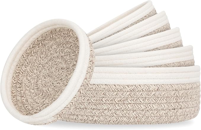 Small Shelf Storage Baskets for Organizing, 6 Pack Round Cotton Rope Bins by Cazzon