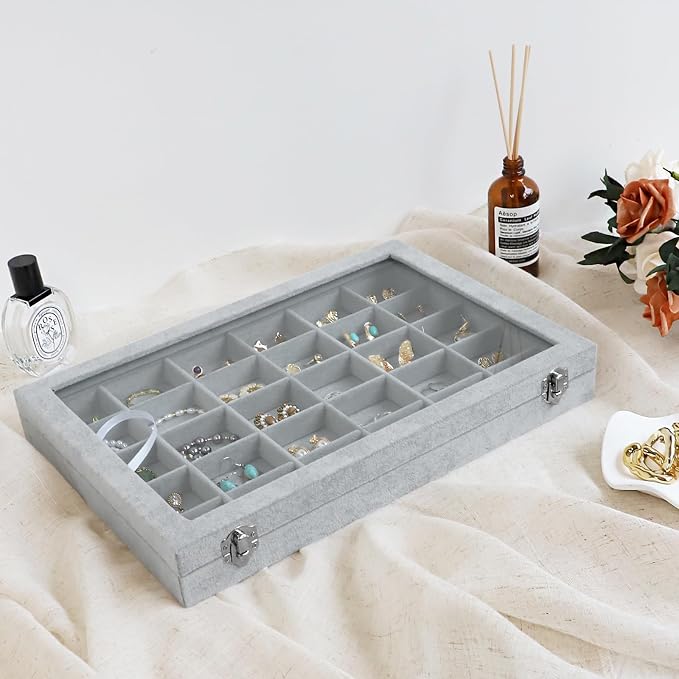 Wudygirl 30 Grid Jewelry Organizer Velvet Jewelry Box Jewelry Tray - Image 5
